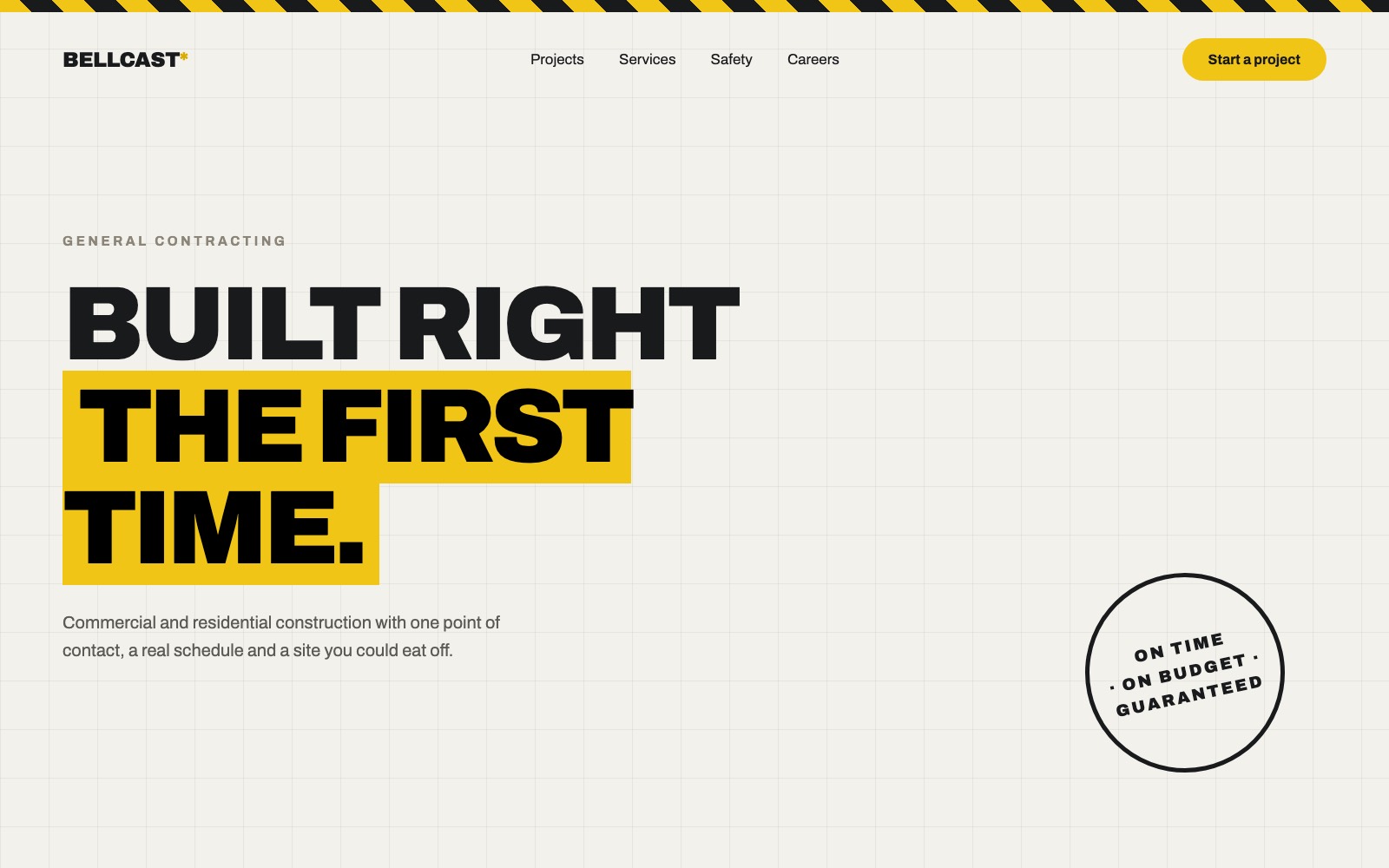 Bellcast general contracting concept website hero with safety tape and stamped badge