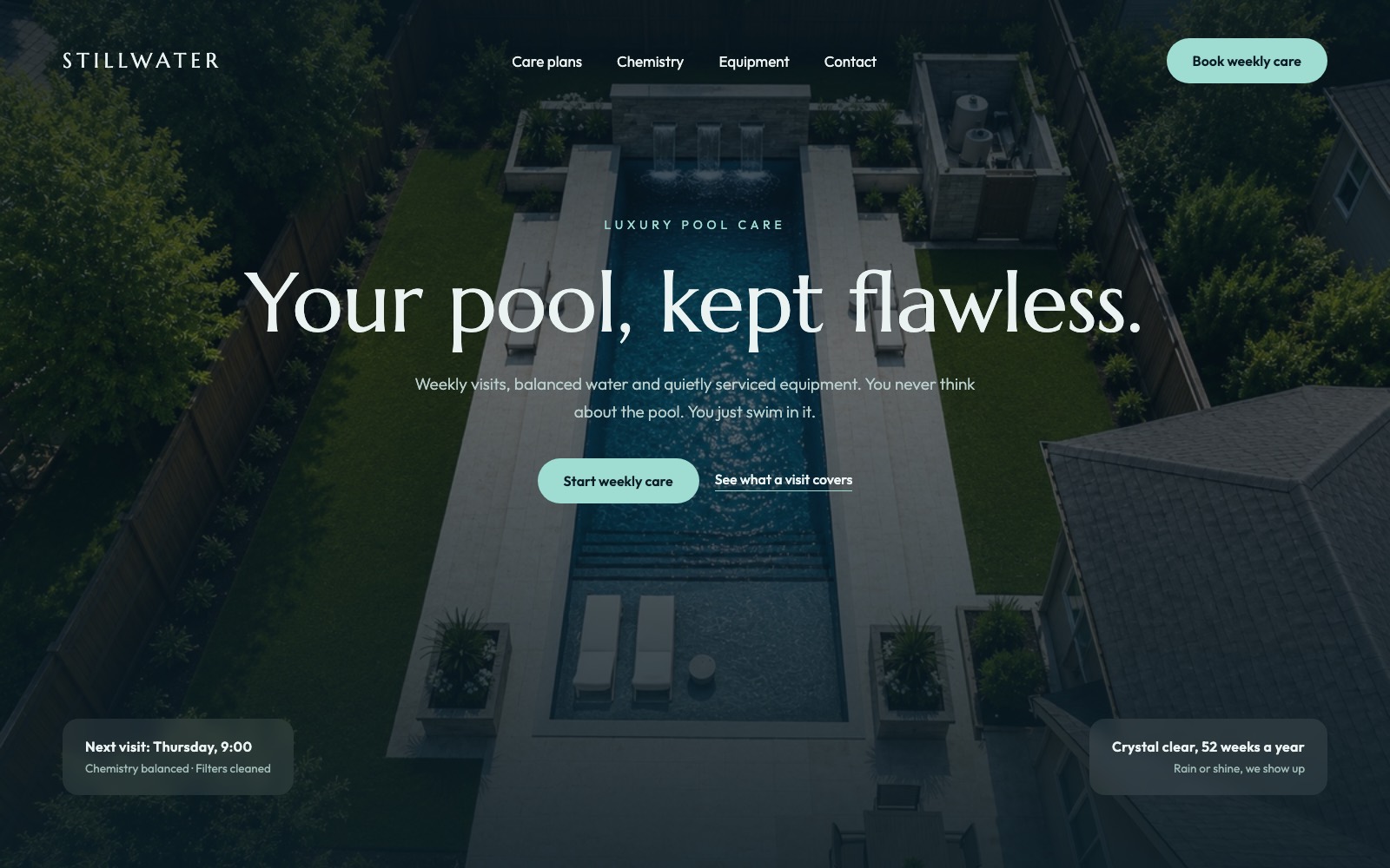Stillwater luxury pool care concept website hero over a dark pool aerial photo