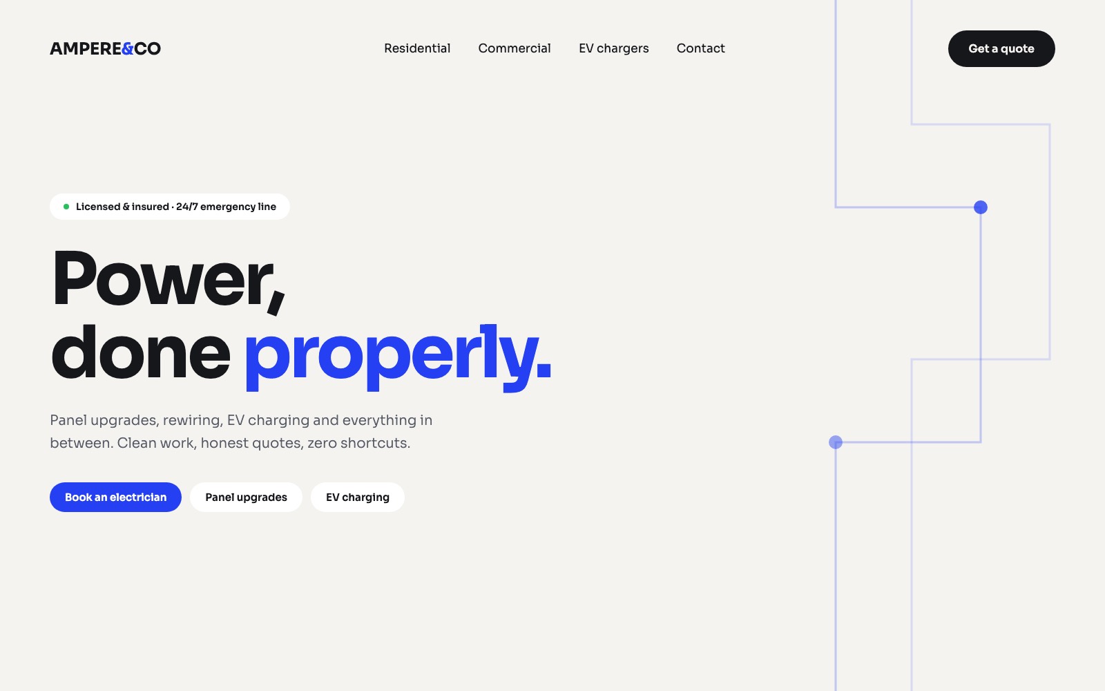 Ampere and Co electrician concept website hero with cobalt circuit traces