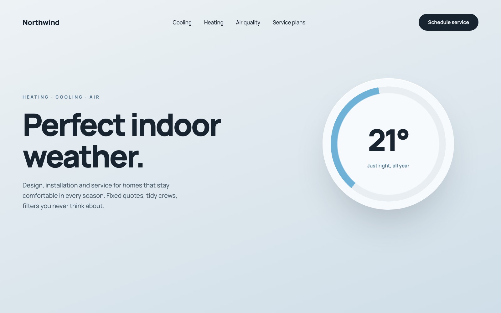 Northwind HVAC concept website hero with a large thermostat dial