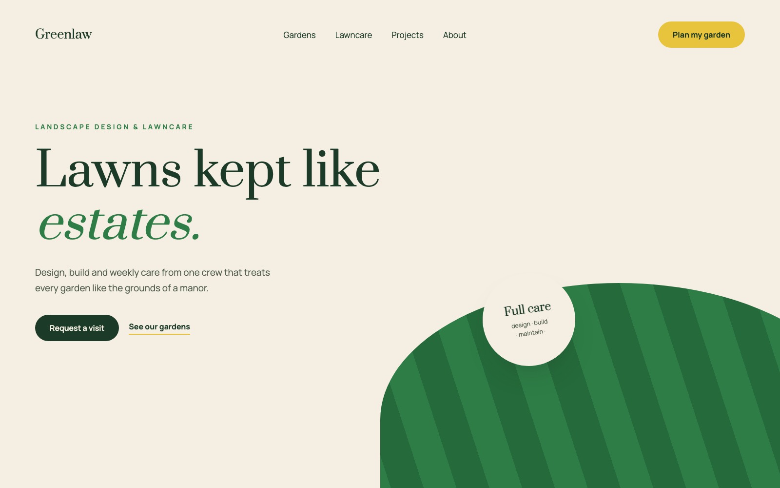 Greenlaw landscaping concept website hero with serif type and a striped mowed lawn