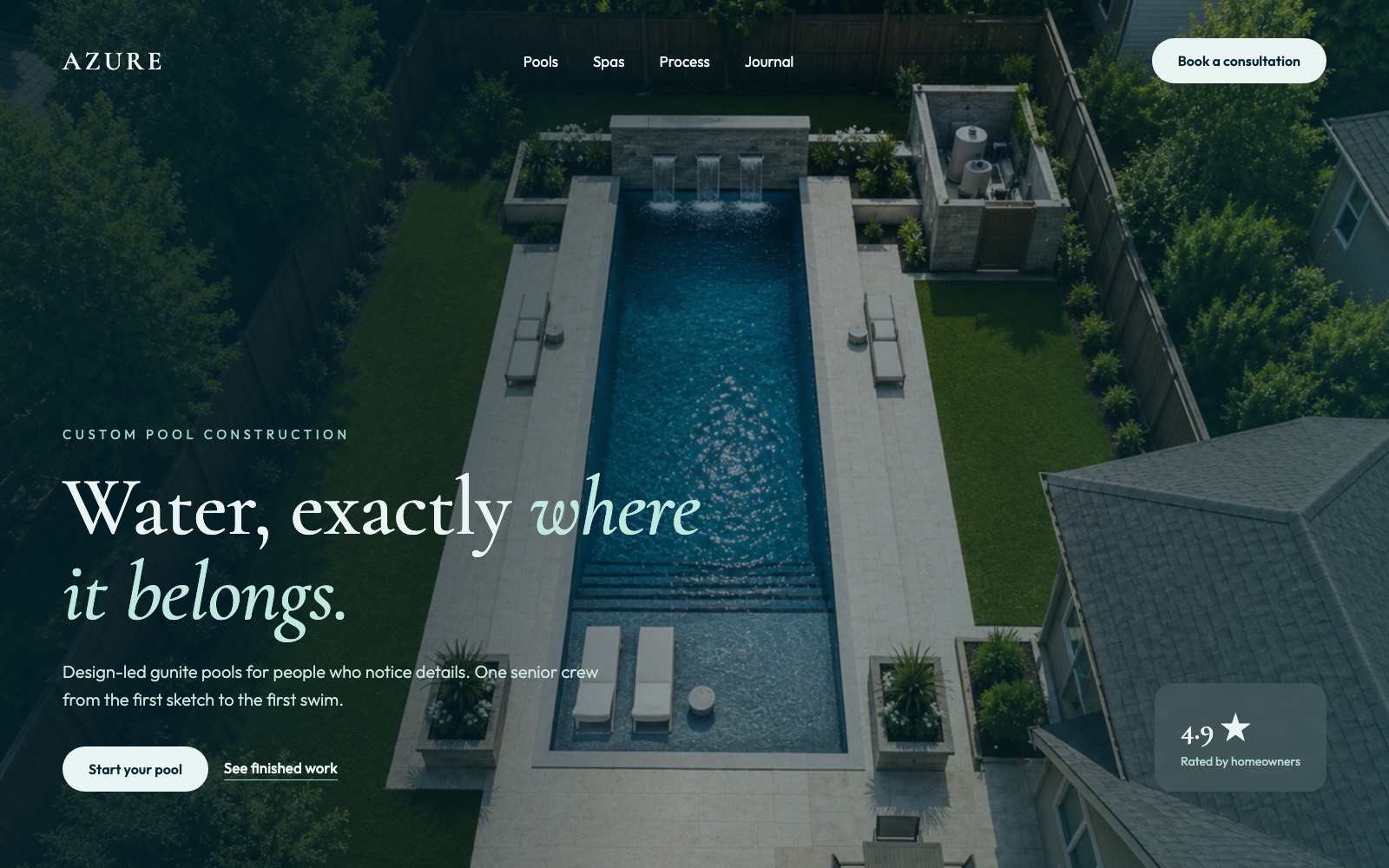 Azure Pools concept website hero with an aerial pool photo and serif headline