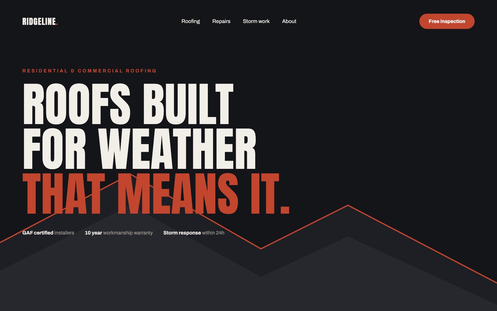 Ridgeline roofing concept website hero with bold condensed type and a red roofline