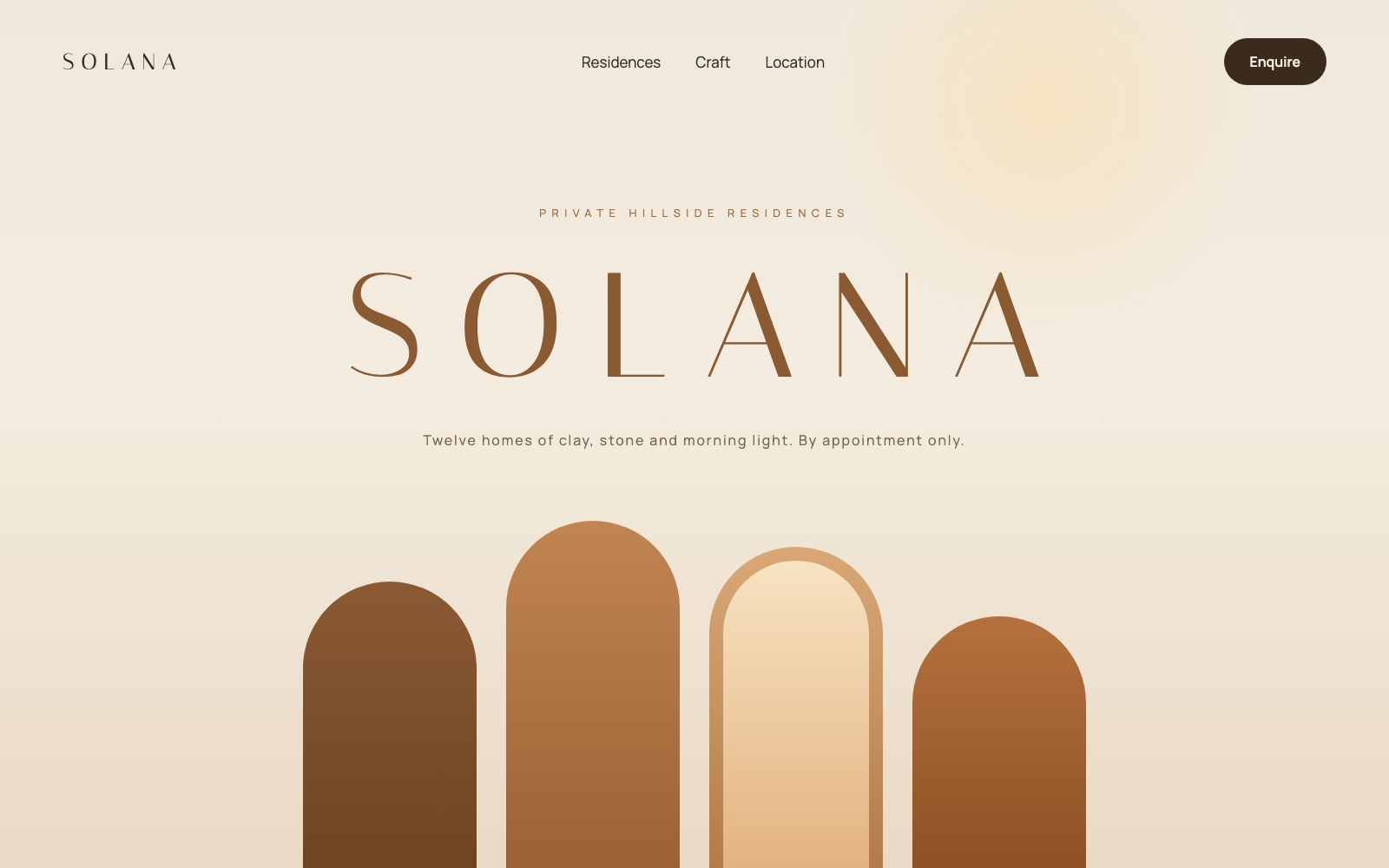 Solana luxury residences concept website hero with a letterspaced serif wordmark and clay arches