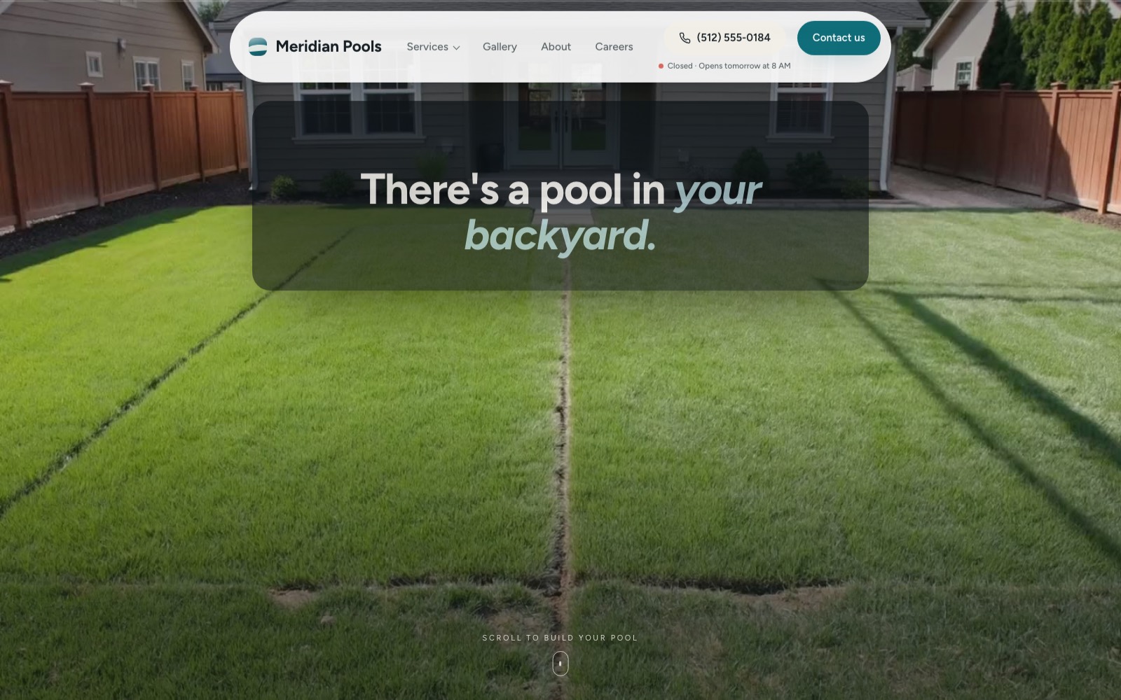 Meridian Pools website hero with scroll-driven video